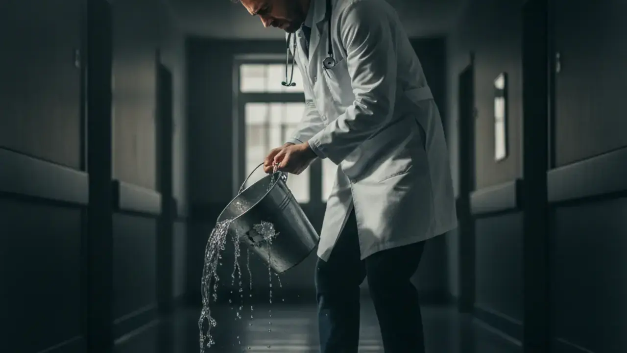 Médico frustrado tentando encher um balde furado, ilustrando a ineficácia de mais plantões sem gestão financeira e jurídica para alcançar a liberdade dos plantões.