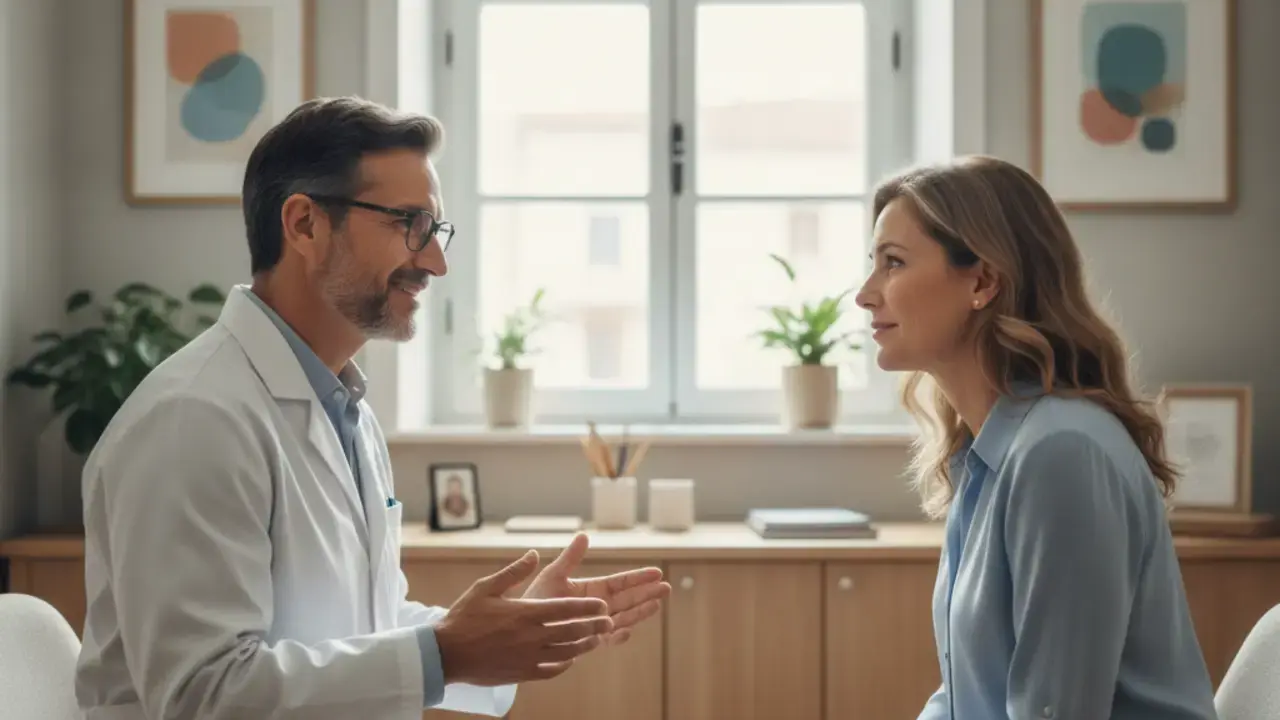 Médico explicando o Termo de Consentimento Informado a um paciente, construindo confiança através do diálogo.
