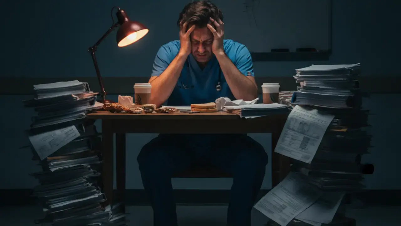 Médico exausto e estressado, demonstrando sinais claros de burnout após múltiplos plantões, refletindo a exaustão dos plantões.