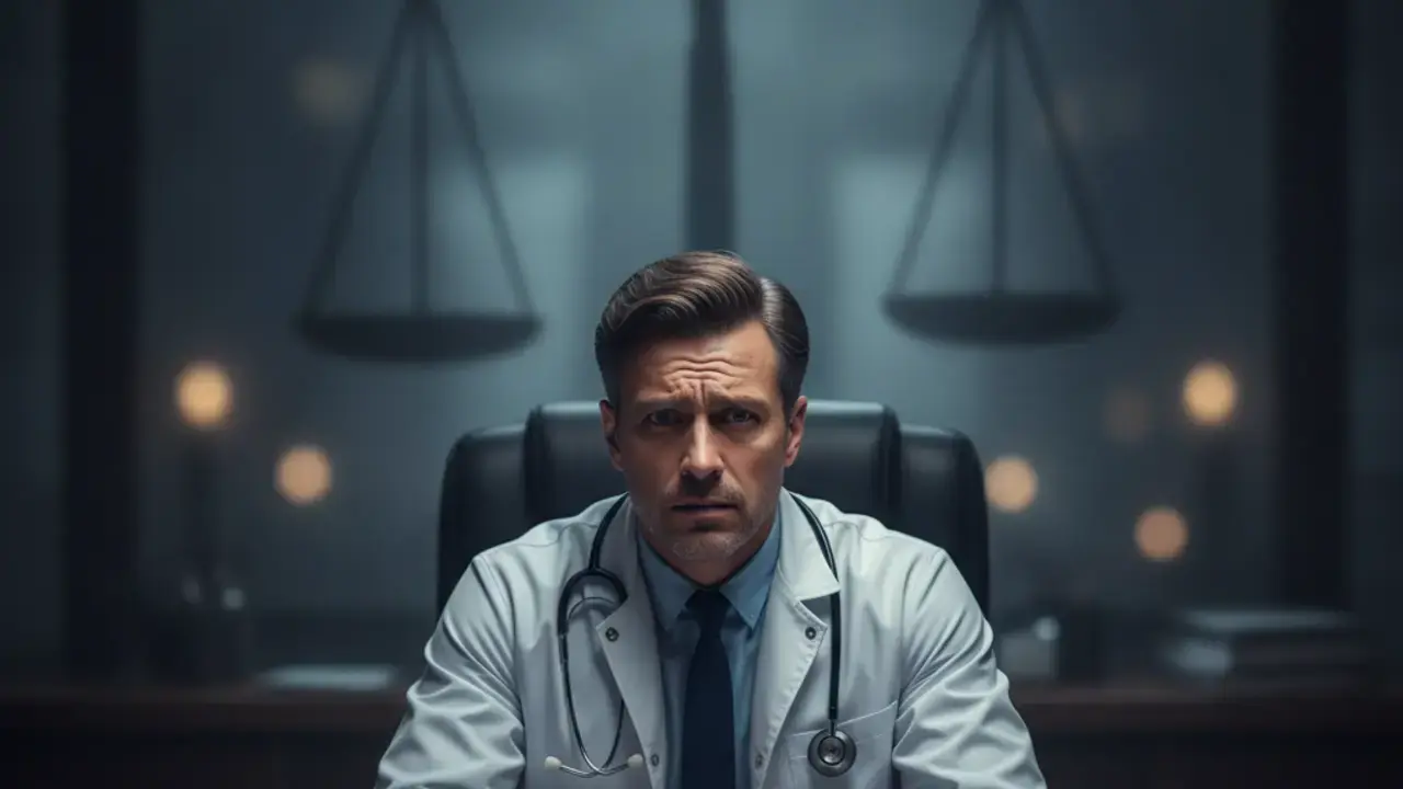Médico pensativo ou preocupado, ilustrando o risco jurídico e a vulnerabilidade do profissional sem um Termo de Consentimento Informado adequado.